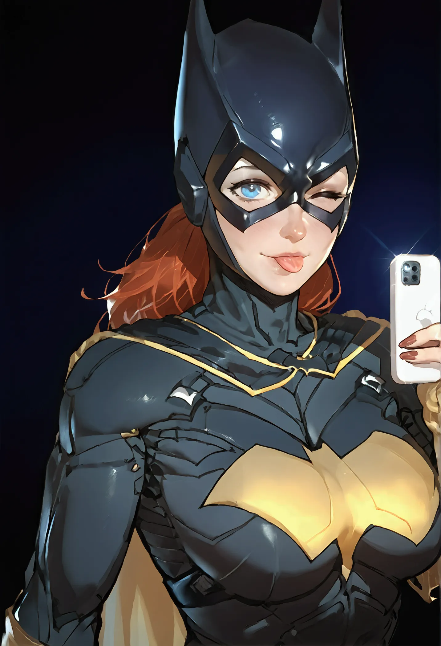 source_western, adamhughesstyle, 1girl, batgirl, bodysuit, superhero, red hair, masked, blue eyes, big breasts,dramatic lighting...