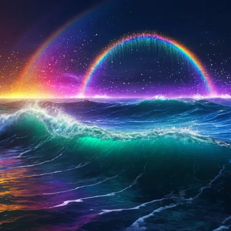 stormy sea , rainbow particles , rays of starlight , realistic , beautiful clarity , 4k , best quality , super details , 8k, sty...