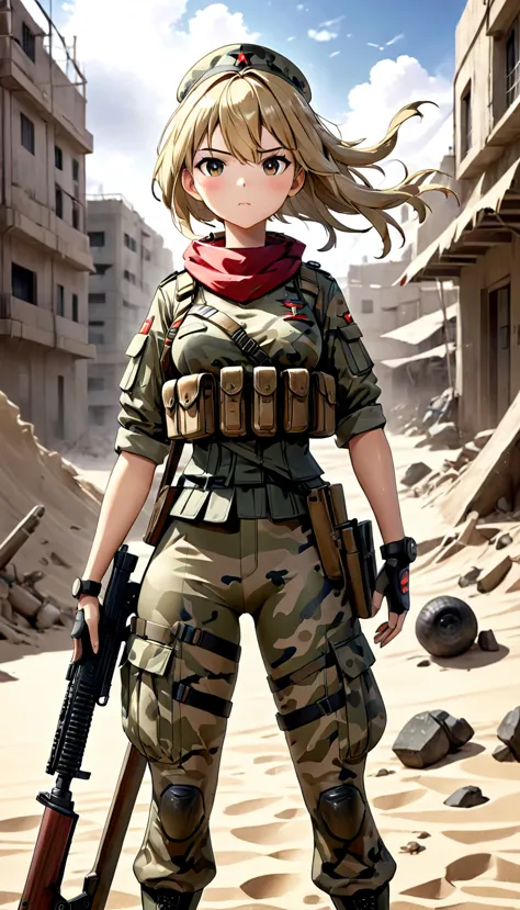 una chica militar fuertemente weaponda, weapon:1.3, military camouflage pattern, rugged and battle-worn, 3d anime representation...