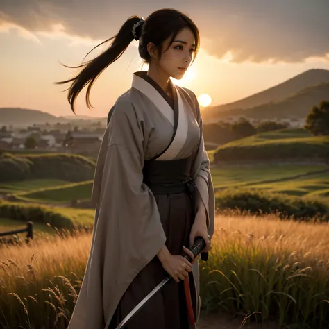 a lone samurai woman standing in a peaceful field at dusk, ready to draw her katana. she is wearing traditional samurai attire f...