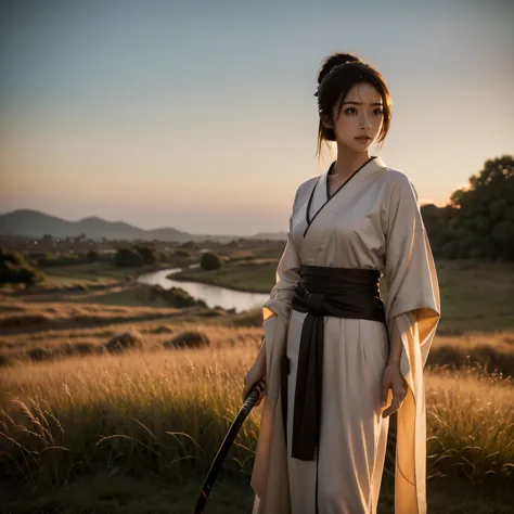 a lone samurai woman standing in a peaceful field at dusk, ready to draw her katana. she is wearing traditional samurai attire f...