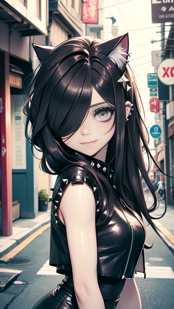 very young slim fit girl, at full height, (rounded face:1.2), very long disheveled dark brown hair, (big brown eyes:1.2), shy smile, perfect flat breast, band on head with fake cat ears, parororo, eyelashes, ariawm, accurate snub nose, (very long strand of hair between eyes:1.3), wearing a studded leather jacket and tulle skirt, with dramatic makeup, summer street, old city, hair over one eye 