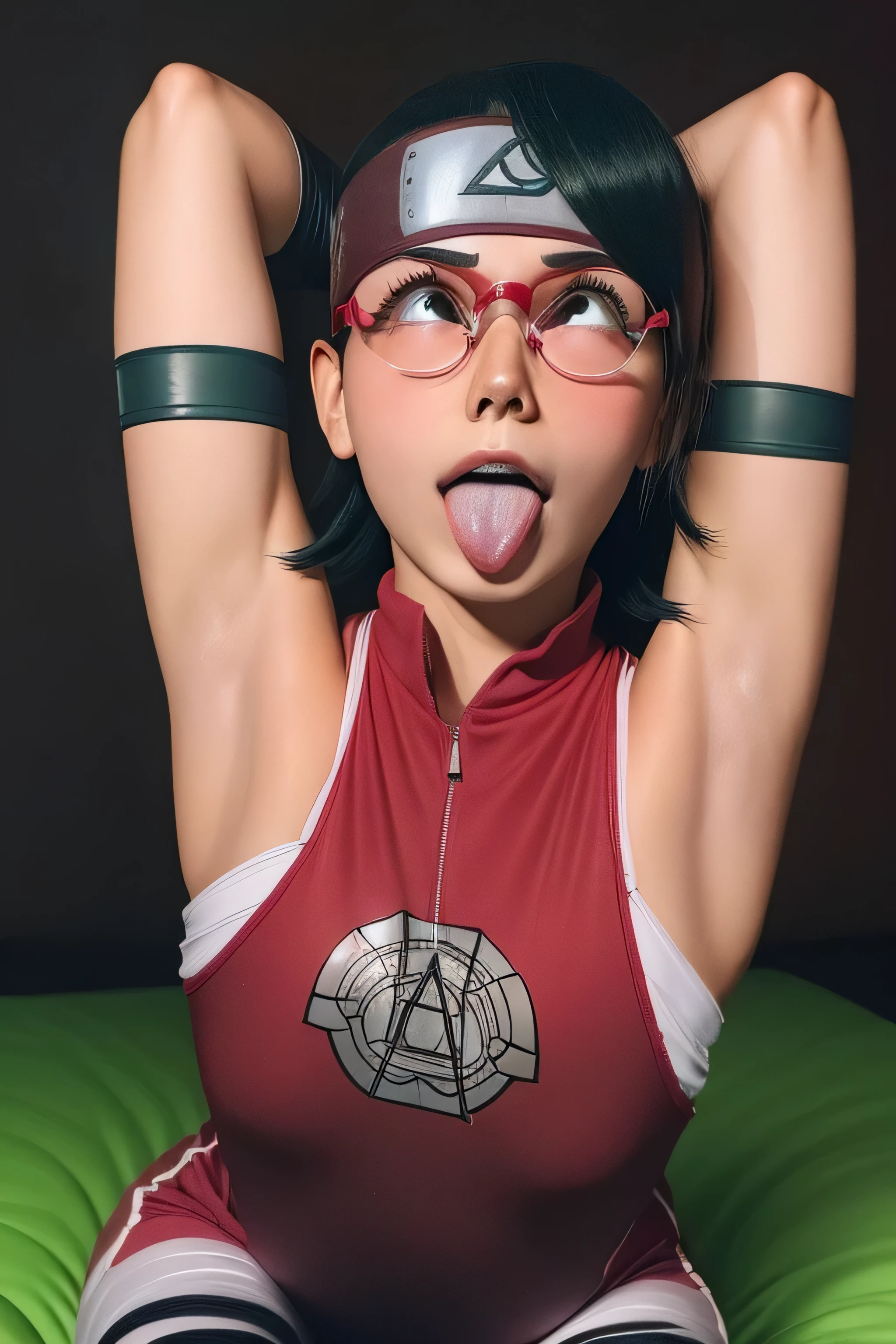 1 girl, standing, beautiful Sarada Uchiha, 18 years old, Cups, Black thighs, arm warmers, forehead protector, shorts, short hair, big chest, wearing glasses, small hips, big ass, medium breasts,capture anime screen, Sarada is 18 years old, mature appearance,armpits,sweat,sweaty,sweaty armpits,arms up,showing armpits,awesome armpits,outfit, red arm warmers,maroon arm bands,red arm warmers