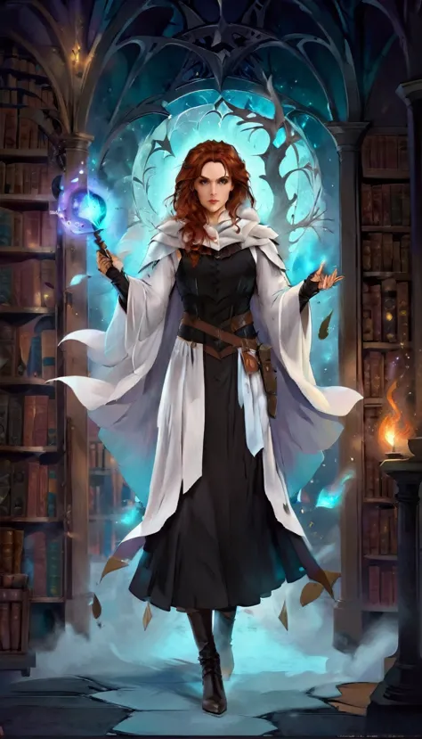 a masterwork picture of a sorceress casting a spell in magical library, exquisite beautiful woman, dynamic hair color, dynamic h...