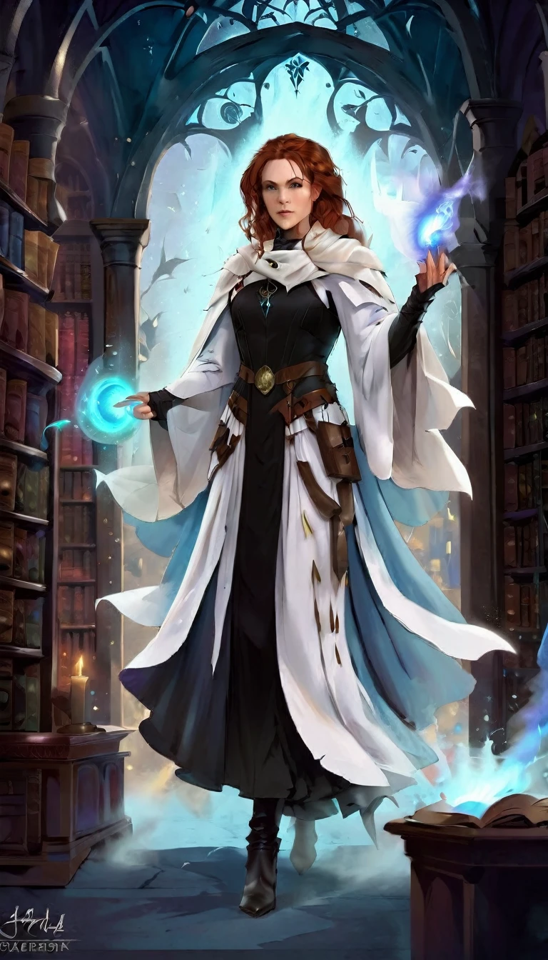 a masterwork picture of a sorceress casting a spell in magical library, exquisite beautiful woman, dynamic hair color, dynamic hair style, ((full body shot: 1.5)), ((anatomically correct: 1.5)), (ultra detailed face: 1.2), best detailed face, high details, best quality, 16k, (long black dress: 1.2), (white cloak: 1.3), high heeled boots (ultra details, Masterpiece, best quality) masterpiece, best quality, (extremely detailed), full body, ultra wide shot, (ultra details, Masterpiece, best quality), fantasy art, dnd art,fantasy art, realistic art, (ultra details, Masterpiece, best quality), (ultra details, Masterpiece, best quality), IceMagicAI, Hyperrealism style, rpg portrait photograph