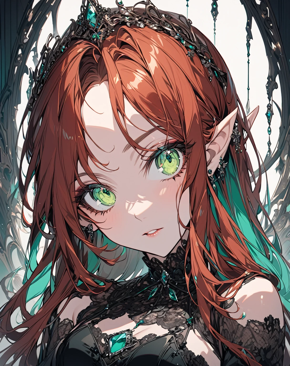 A portrait of the most beautiful auburn haired woman with shiny aquamarine-green eyes and small pointed ears wearing a luxurious gothic dress