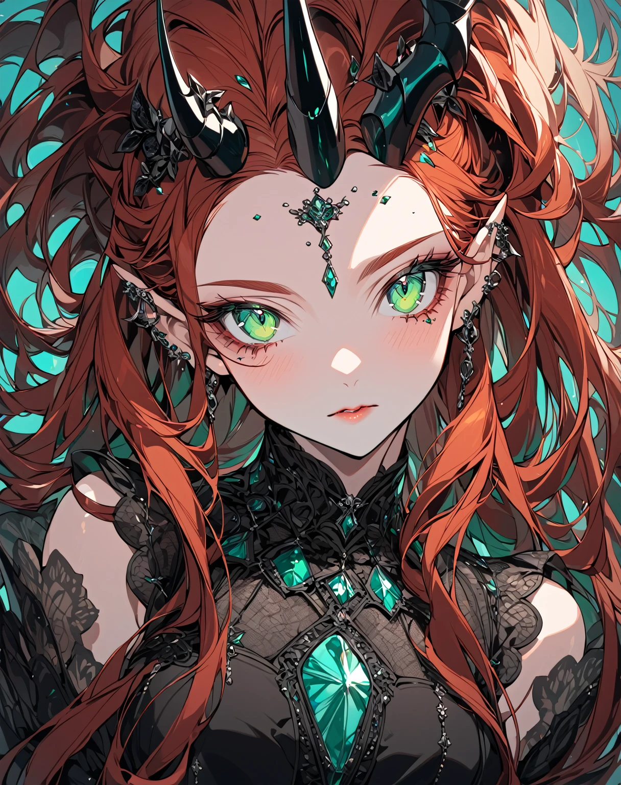 A portrait of the most beautiful very long auburn haired woman with freckle and one single small jet black horn in the middle of the forehead. She has shiny aquamarine-green eyes and small pointed ears. She is wearing a luxurious gothic dress.