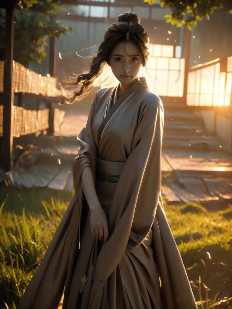 A lone samurai woman standing in a peaceful field at dusk, ready to draw her katana. She is wearing traditional samurai attire from the Sengoku period of Japan, consisting of a black and dark brown kimono-style robe with wide sleeves, tied with a dark obi around her waist. Her right hand is gripping the hilt of her katana, positioned near her waist as she prepares to draw it, while her left hand is steadying the sheath. Her posture is tense but focused, capturing the precise moment before action. Her hair is tied up in a traditional warrior style, and her face shows calm determination. The scene is set in a quiet field with tall grasses swaying gently in the wind, under the fading light of dusk. The color palette is soft and muted, with earthy tones for both the environment and her attire, and the background is simple, with birds flying in the distance."Additional Parameters:Style: Realistic, with a focus on action and tension in the poseLighting: Soft dusk lighting with warm, fading sunlight casting long shadowsColors: Dark black and brown tones for the attire, earthy and muted tones for the grass and skyComposition: The samurai woman centered, in a poised stance, with her katana halfway drawn, the quiet field around her creating a sense of serenity and focusEnvironment: Quiet field at dusk, soft wind moving the tall grass, birds flying in the distance