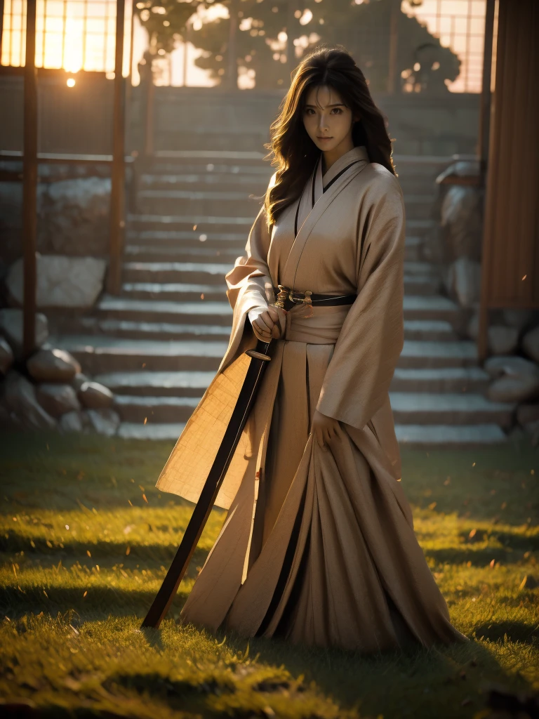 A lone samurai woman standing in a peaceful field at dusk, ready to draw her katana. She is wearing traditional samurai attire from the Sengoku period of Japan, consisting of a black and dark brown kimono-style robe with wide sleeves, tied with a dark obi around her waist. Her right hand is gripping the hilt of her katana, positioned near her waist as she prepares to draw it, while her left hand is steadying the sheath. Her posture is tense but focused, capturing the precise moment before action. Her hair is tied up in a traditional warrior style, and her face shows calm determination. The scene is set in a quiet field with tall grasses swaying gently in the wind, under the fading light of dusk. The color palette is soft and muted, with earthy tones for both the environment and her attire, and the background is simple, with birds flying in the distance."Additional Parameters:Style: Realistic, with a focus on action and tension in the poseLighting: Soft dusk lighting with warm, fading sunlight casting long shadowsColors: Dark black and brown tones for the attire, earthy and muted tones for the grass and skyComposition: The samurai woman centered, in a poised stance, with her katana halfway drawn, the quiet field around her creating a sense of serenity and focusEnvironment: Quiet field at dusk, soft wind moving the tall grass, birds flying in the distance