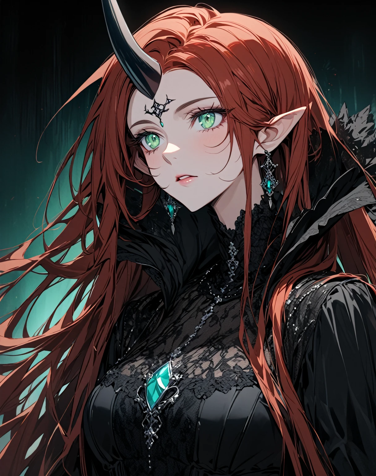 A portrait of the most beautiful very long auburn haired woman with freckle and one single small jet black horn in the middle of the forehead. She has shiny aquamarine-green eyes and small pointed ears. She is wearing a luxurious gothic dress.