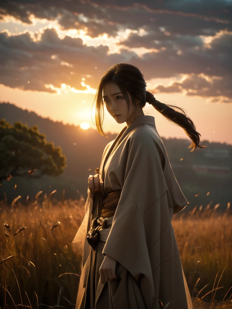 A lone samurai woman standing in a peaceful field at dusk, ready to draw her katana. She is wearing traditional samurai attire from the Sengoku period of Japan, consisting of a black and dark brown kimono-style robe with wide sleeves, tied with a dark obi around her waist. Her right hand is gripping the hilt of her katana, positioned near her waist as she prepares to draw it, while her left hand is steadying the sheath. Her posture is tense but focused, capturing the precise moment before action. Her hair is tied up in a traditional warrior style, and her face shows calm determination. The scene is set in a quiet field with tall grasses swaying gently in the wind, under the fading light of dusk. The color palette is soft and muted, with earthy tones for both the environment and her attire, and the background is simple, with birds flying in the distance."Additional Parameters:Style: Realistic, with a focus on action and tension in the poseLighting: Soft dusk lighting with warm, fading sunlight casting long shadowsColors: Dark black and brown tones for the attire, earthy and muted tones for the grass and skyComposition: The samurai woman centered, in a poised stance, with her katana halfway drawn, the quiet field around her creating a sense of serenity and focusEnvironment: Quiet field at dusk, soft wind moving the tall grass, birds flying in the distance