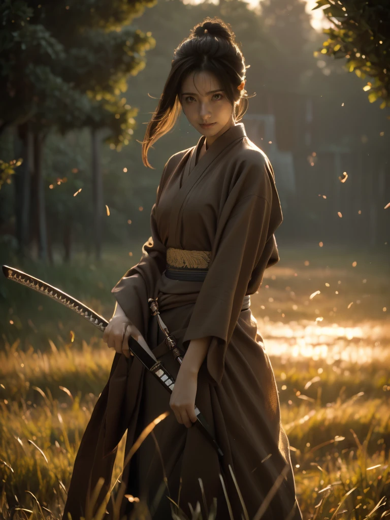 A lone samurai woman standing in a peaceful field at dusk, ready to draw her katana. She is wearing traditional samurai attire from the Sengoku period of Japan, consisting of a black and dark brown kimono-style robe with wide sleeves, tied with a dark obi around her waist. Her right hand is gripping the hilt of her katana, positioned near her waist as she prepares to draw it, while her left hand is steadying the sheath. Her posture is tense but focused, capturing the precise moment before action. Her hair is tied up in a traditional warrior style, and her face shows calm determination. The scene is set in a quiet field with tall grasses swaying gently in the wind, under the fading light of dusk. The color palette is soft and muted, with earthy tones for both the environment and her attire, and the background is simple, with birds flying in the distance."Additional Parameters:Style: Realistic, with a focus on action and tension in the poseLighting: Soft dusk lighting with warm, fading sunlight casting long shadowsColors: Dark black and brown tones for the attire, earthy and muted tones for the grass and skyComposition: The samurai woman centered, in a poised stance, with her katana halfway drawn, the quiet field around her creating a sense of serenity and focusEnvironment: Quiet field at dusk, soft wind moving the tall grass, birds flying in the distance