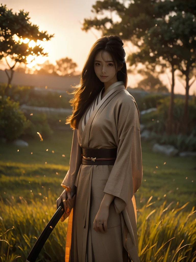 A lone samurai woman standing in a peaceful field at dusk, ready to draw her katana. She is wearing traditional samurai attire from the Sengoku period of Japan, consisting of a black and dark brown kimono-style robe with wide sleeves, tied with a dark obi around her waist. Her right hand is gripping the hilt of her katana, positioned near her waist as she prepares to draw it, while her left hand is steadying the sheath. Her posture is tense but focused, capturing the precise moment before action. Her hair is tied up in a traditional warrior style, and her face shows calm determination. The scene is set in a quiet field with tall grasses swaying gently in the wind, under the fading light of dusk. The color palette is soft and muted, with earthy tones for both the environment and her attire, and the background is simple, with birds flying in the distance."Additional Parameters:Style: Realistic, with a focus on action and tension in the poseLighting: Soft dusk lighting with warm, fading sunlight casting long shadowsColors: Dark black and brown tones for the attire, earthy and muted tones for the grass and skyComposition: The samurai woman centered, in a poised stance, with her katana halfway drawn, the quiet field around her creating a sense of serenity and focusEnvironment: Quiet field at dusk, soft wind moving the tall grass, birds flying in the distance