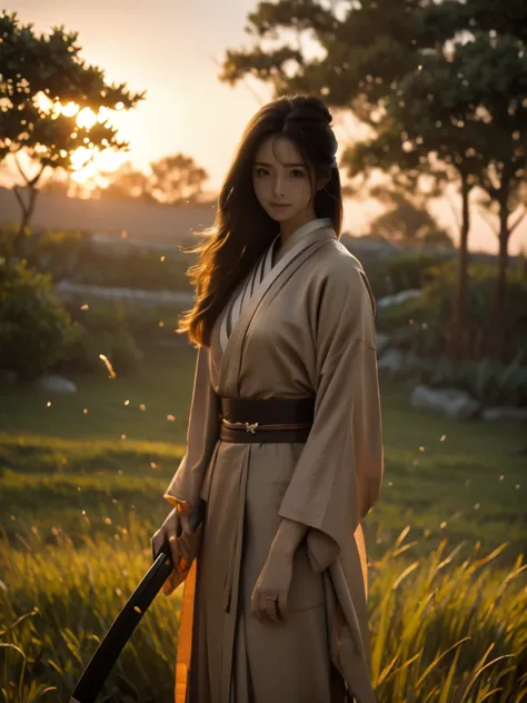 a lone samurai woman standing in a peaceful field at dusk, ready to draw her katana. she is wearing traditional samurai attire f...