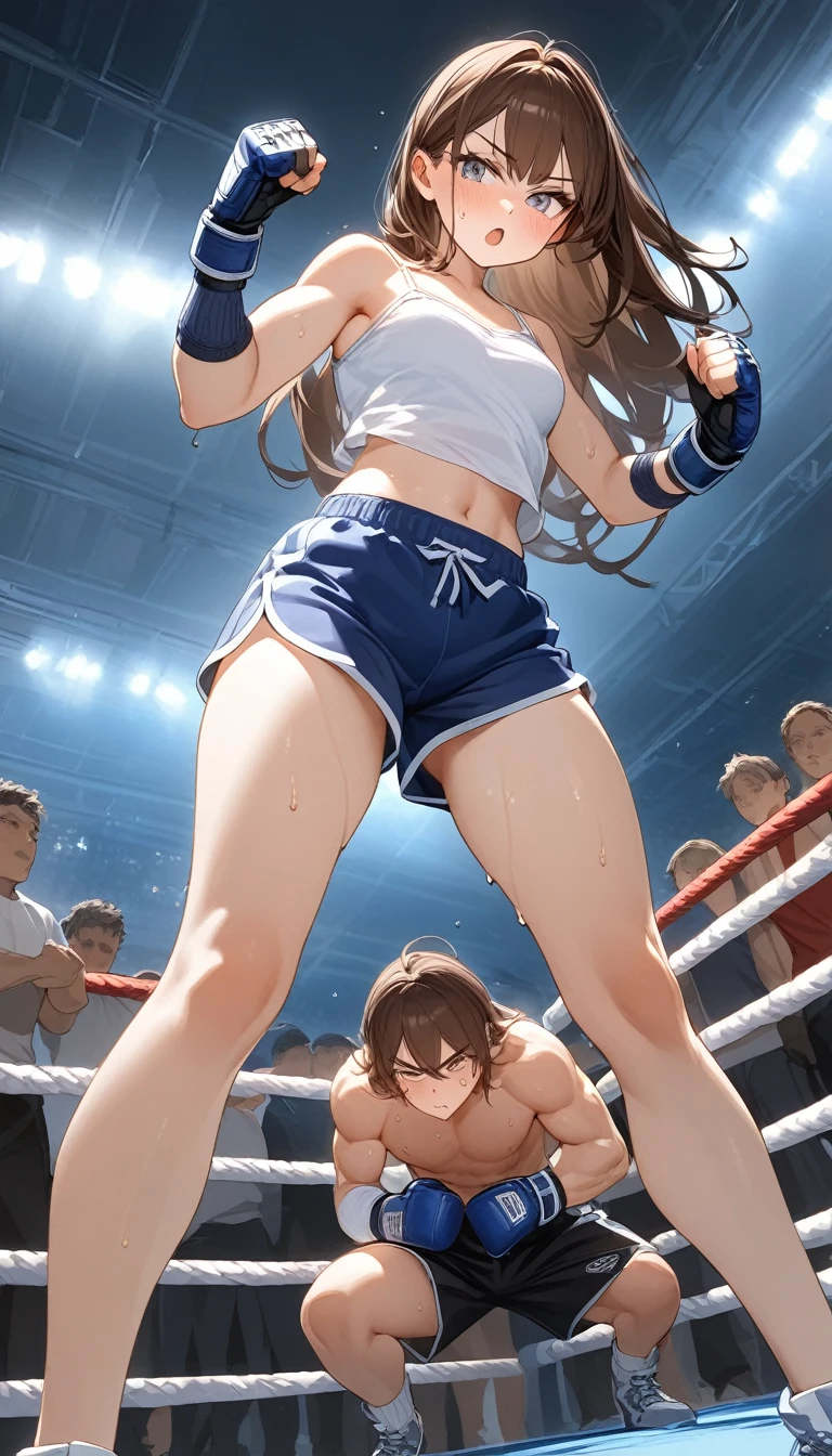 from below,A woman with long hair who is 180cm tall,muscular、{{Female boxer with very small face.}},{{very Small face:1.8}}、{{A tall, mature woman:1.4}},anxiety、lace camisole、dolphin shorts、boxing、Fighting Pose、{{critical situation:1.6}}.、boxing ring、},{{She seems to be struggling to breathe.:1.4}},,{{v-shaped eyebrows}},A tense look,blush,Sweat,defensive posture,Dynamic composition,dutch angle,Long Hair、Brown Hair、small breasts、boxer,Arm Covers、Fingerless Gloves,short boots,cheering crowd