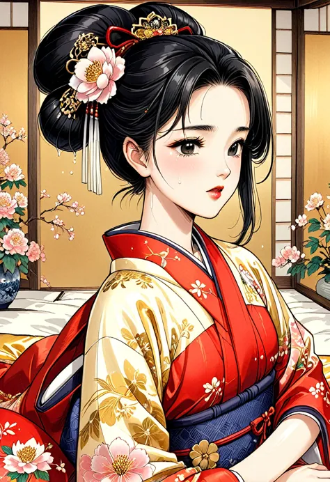 a 15-year-old super beautiful princess from the edo period in japan、smooth out your black hair、made of silk, the ultra-glossy, f...