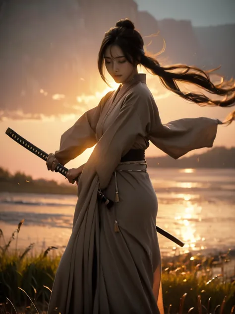 a lone samurai woman standing in a peaceful field at dusk, ready to draw her katana. she is wearing traditional samurai attire f...