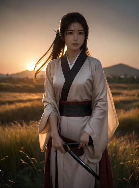 a lone samurai woman standing in a peaceful field at dusk, ready to draw her katana. she is wearing traditional samurai attire f...