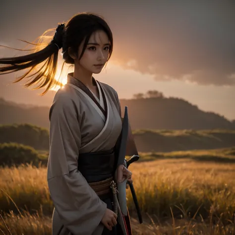 a lone samurai woman standing in a peaceful field at dusk, ready to draw her katana. she is wearing traditional samurai attire f...