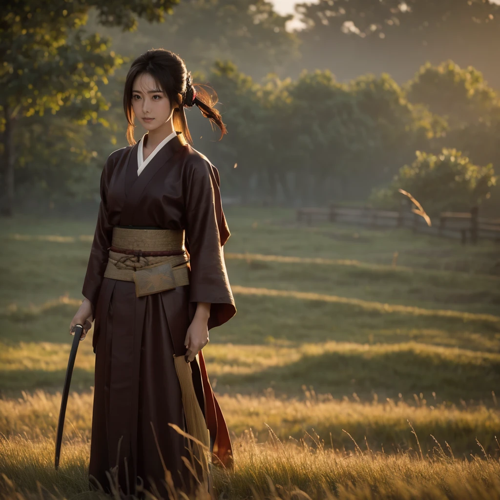 A lone samurai woman standing in a peaceful field at dusk, ready to draw her katana. She is wearing traditional samurai attire from the Sengoku period of Japan, consisting of a black and dark brown kimono-style robe with wide sleeves, tied with a dark obi around her waist. Her right hand is gripping the hilt of her katana, positioned near her waist as she prepares to draw it, while her left hand is steadying the sheath. Her posture is tense but focused, capturing the precise moment before action. Her hair is tied up in a traditional warrior style, and her face shows calm determination. The scene is set in a quiet field with tall grasses swaying gently in the wind, under the fading light of dusk. The color palette is soft and muted, with earthy tones for both the environment and her attire, and the background is simple, with birds flying in the distance."Additional Parameters:Style: Realistic, with a focus on action and tension in the poseLighting: Soft dusk lighting with warm, fading sunlight casting long shadowsColors: Dark black and brown tones for the attire, earthy and muted tones for the grass and skyComposition: The samurai woman centered, in a poised stance, with her katana halfway drawn, the quiet field around her creating a sense of serenity and focusEnvironment: Quiet field at dusk, soft wind moving the tall grass, birds flying in the distance