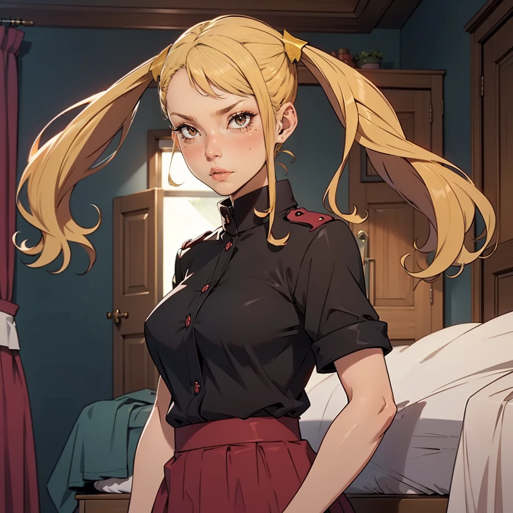 Very detailed, serious facial expression, bedroom, blonde hair with twintails, red eyes, looking at viewer, black and red uniform, skirt