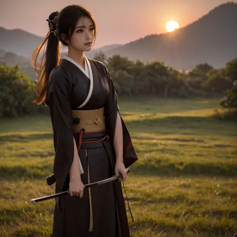 a lone samurai woman standing in a peaceful field at dusk, ready to draw her katana. she is wearing traditional samurai attire f...