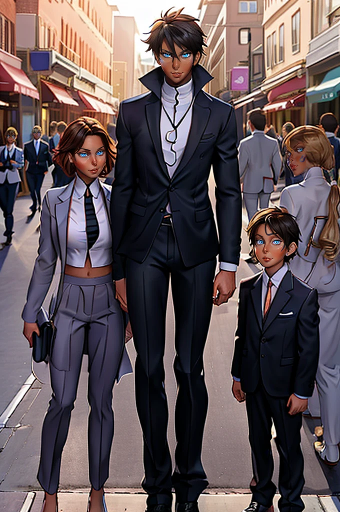 Tall wife in the middle, short husband in the left, short son in the right, beautiful faces, wife is wearing suit and pants, wife has big , wife is showing cleavage, wife is ripped, wife's suit has a belly button cutout, wife has ripped visible abs, make the girls even more taller than the boys, boys are very thin and weak, boys wearing suit and pants, wife is standing barefoot, boys are wearing office shoes