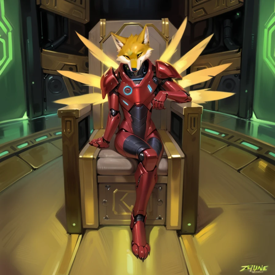 V2, red robot, wolf, by zackary911, by chunie, detailed, solo, robotic, slim, sitting on throne