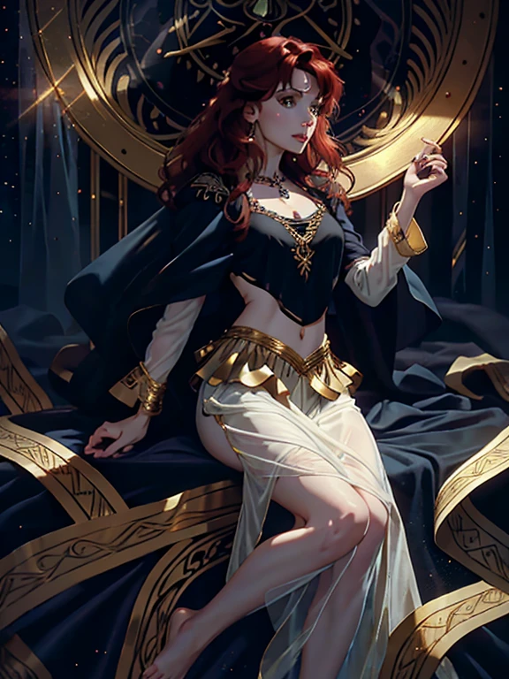 a beautiful gypsy woman (Beverly Crusher) with green eyes, long black hair, wearing an open sheer embroidered white blouse with gold medals, an airy sheer red skirt with ruffles, seashell necklaces, barefoot, detailed face, realistic, high quality, cinematic, dramatic lighting, fantasy, mystical, ethereal