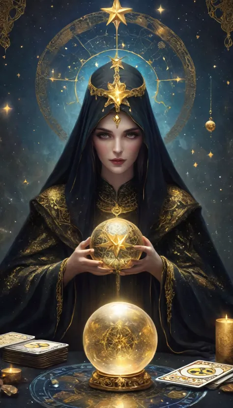 gorgeous tarot, a robed astrologer sits quietly at a table covered with symbols，holding a crystal star ball in hand, there is te...