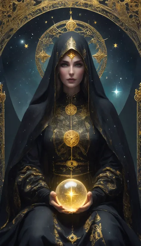 gorgeous tarot, a robed astrologer sits quietly at a table covered with symbols，holding a crystal star ball in hand, there is te...