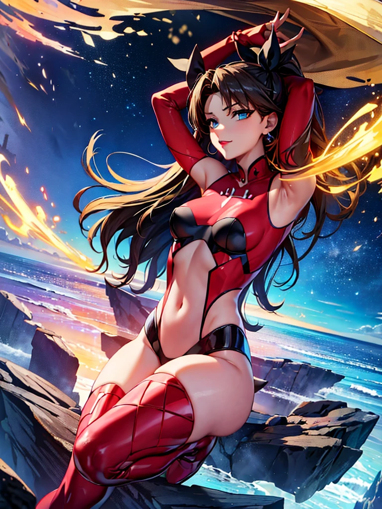 Rin Tohsaka, High definition, super resolution, well-defined and detailed artwork down to the smallest details, 4K, full hd, She is smiling, beautiful, well-defined blue eyes, high qualiy, make-up, aretes, Some accessories, bright red lipstick, looking the viewer, Full-body image, flegs , hands, well-defined and detailed arms and feet
