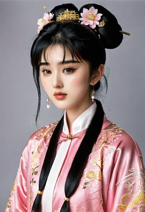 a super beautiful 15-year-old japanese girl、put your black hair in a bun、made of silk, the ultra-glossy, fine embroidery is appl...