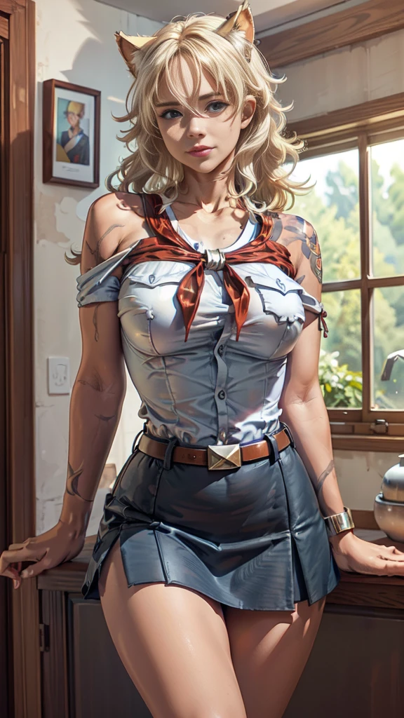 very young slim fit girl, full height, rounded face, (long curly disheveled blond hair:1.4), big blue eyes, shy smile, perfect medium breast, band on head with fake cat ears, monroe, pioneer neckerchief, short tight blue pleated skirt, bangs, tight white shirt, short sleeves, collared shirt, belt, red neckerchief, breast pocket, RAW, high detailed skin, 8k uhd, soft lighting, (masterpiece), (best quality:1.2), thick outlines, (vibrant shadows), deep shadows, detailed eyes, full height, (high quality), high detailed background, high detailed face, high detailed finger, tatoogirl, shoulder arm tattoo