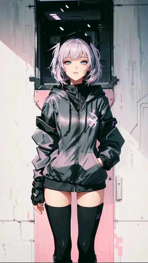 une fille d'anime portant une veste noire et des bottes noires debout devant une porte, fille animée cyberpunk in hoodie, high q...