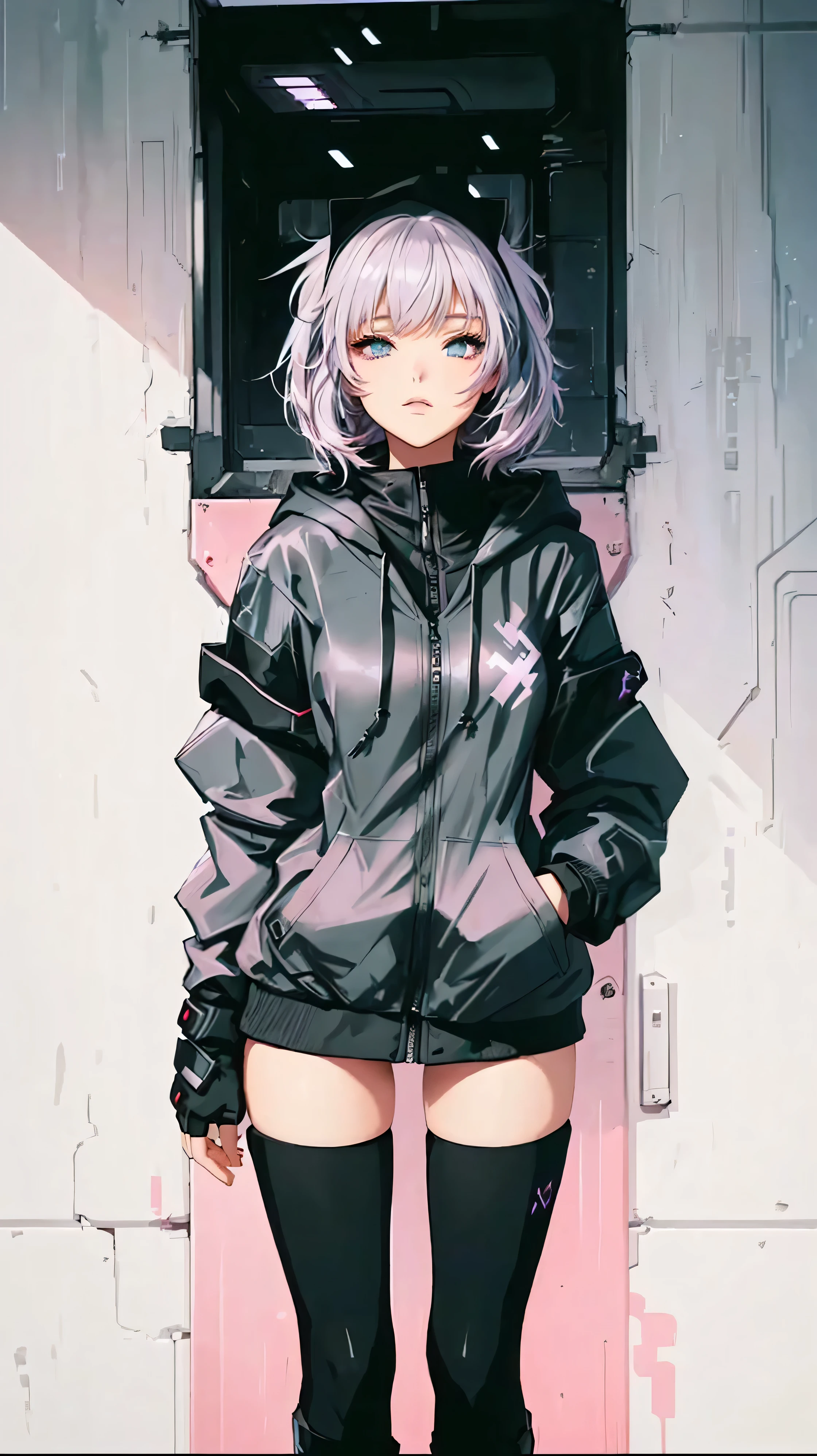 une fille d'anime portant une veste noire et des bottes noires debout devant une porte, fille animée cyberpunk in hoodie, high quality style artistique animé, une fille d&#39;anime, style anime 2D, style artistique anime moe, fond d&#39;écran animé, style animé, fille animée cyberpunk, style artistique animé, style animé 4k, Meilleur fond d&#39;écran anime 4k konachan, jeune fille animée, hanche large, sexy, cheveux rose, yeux rouge