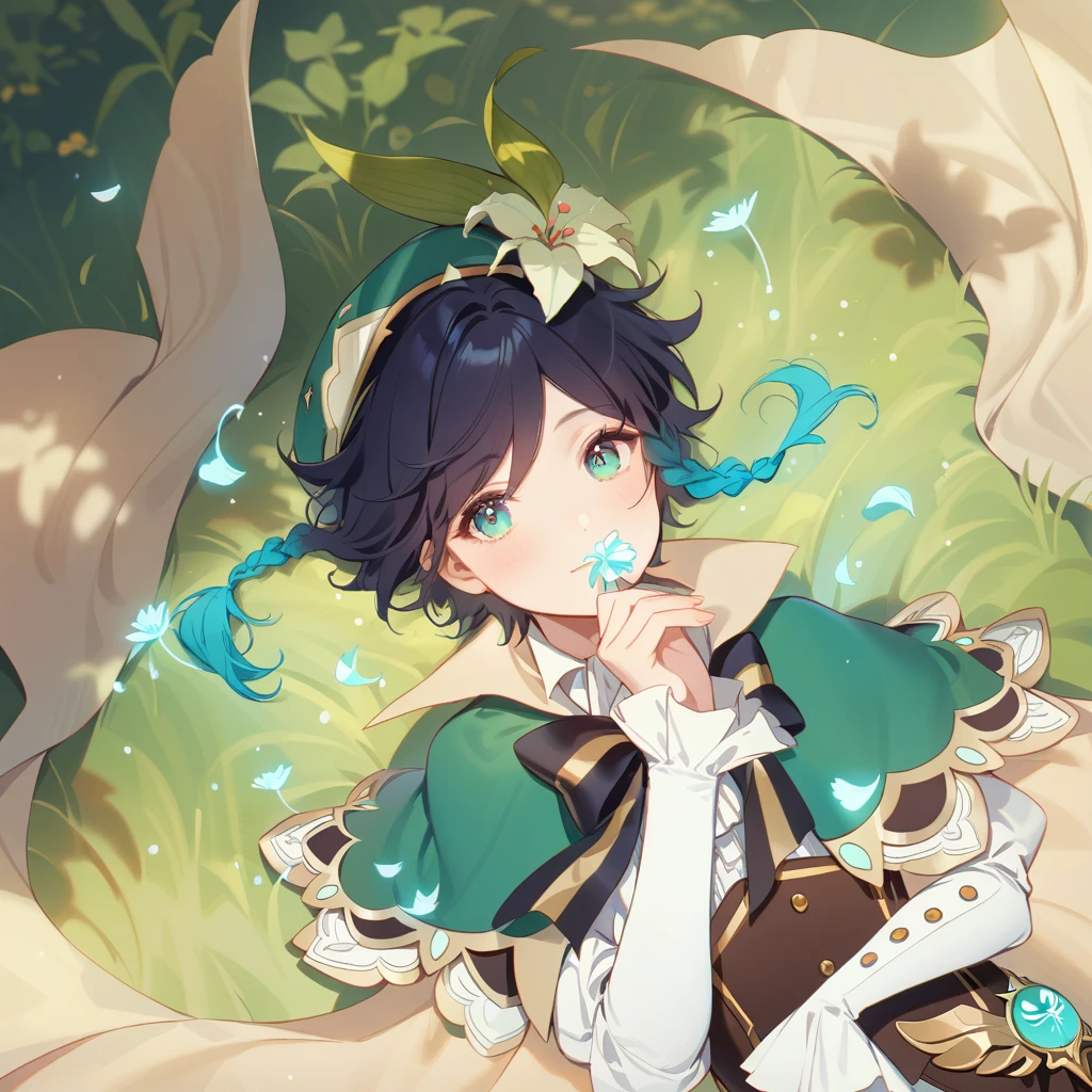 (best quality,4k,8k,highres,masterpiece:1.2),1boy,venti genshin impact,male focus,flat chest,ultra-detailed,realistic,(dsmile:0.5),morning of spring,delicate light rays,rich color palette,elegant curves,effects of light and shadow,flower petals falling,springtime essence,ethereal atmosphere,peaceful garden background,morning dew,soft sunlight filtering through trees,lush plants,komorebi,vividly colored blossoms,transcendent beauty,awe-inspiring artwork,white long-sleeved shirt, brown corset,green shorts, white tights,green cape,hat,brooch,green eyes,wise and kind god,cinematic lighting, ray tracing, UHD, high details, high quality, award winning, super detail,dandelion