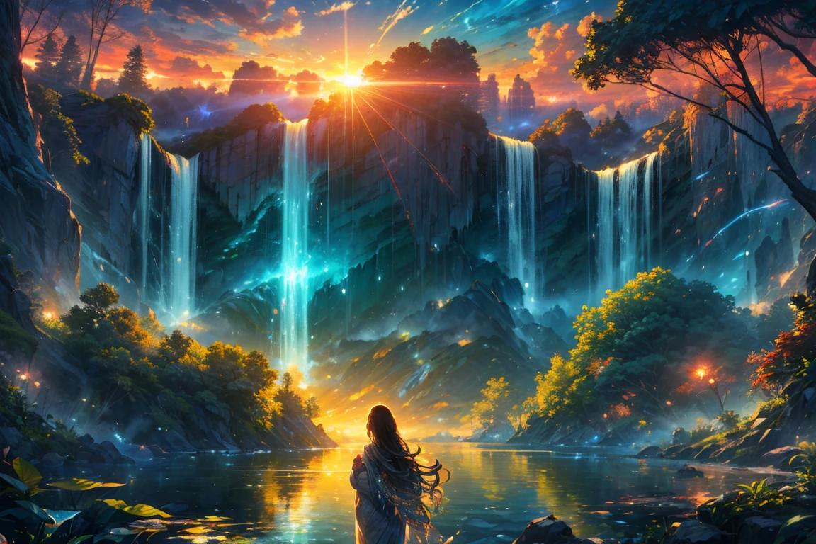 (best quality,4k,8k,highres,masterpiece:1.2),ultra-detailed,(realistic,photorealistic,photo-realistic:1.37),Floating island in the sky with cascading waterfalls into the void and gardens atop the clouds,illustration,crystal-clear waterfalls,greenery surrounding,beautifully lush gardens,shimmering sunlight,ethereal atmosphere,vibrant colors,soft and dreamy lighting,lush and tropical plants,impeccable attention to detail,serene and peaceful mood,sky-high perspective,awe-inspiring view