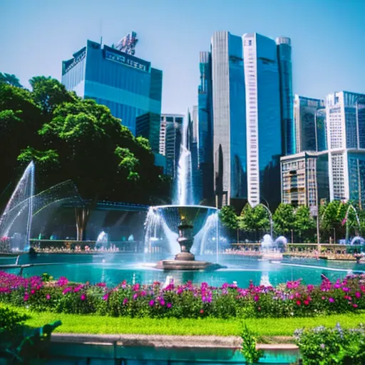 blue sky、a colorful flower bed、the water of the fountain sparkles in the sunlight.。.。skyscrapers in the background、very detailed...