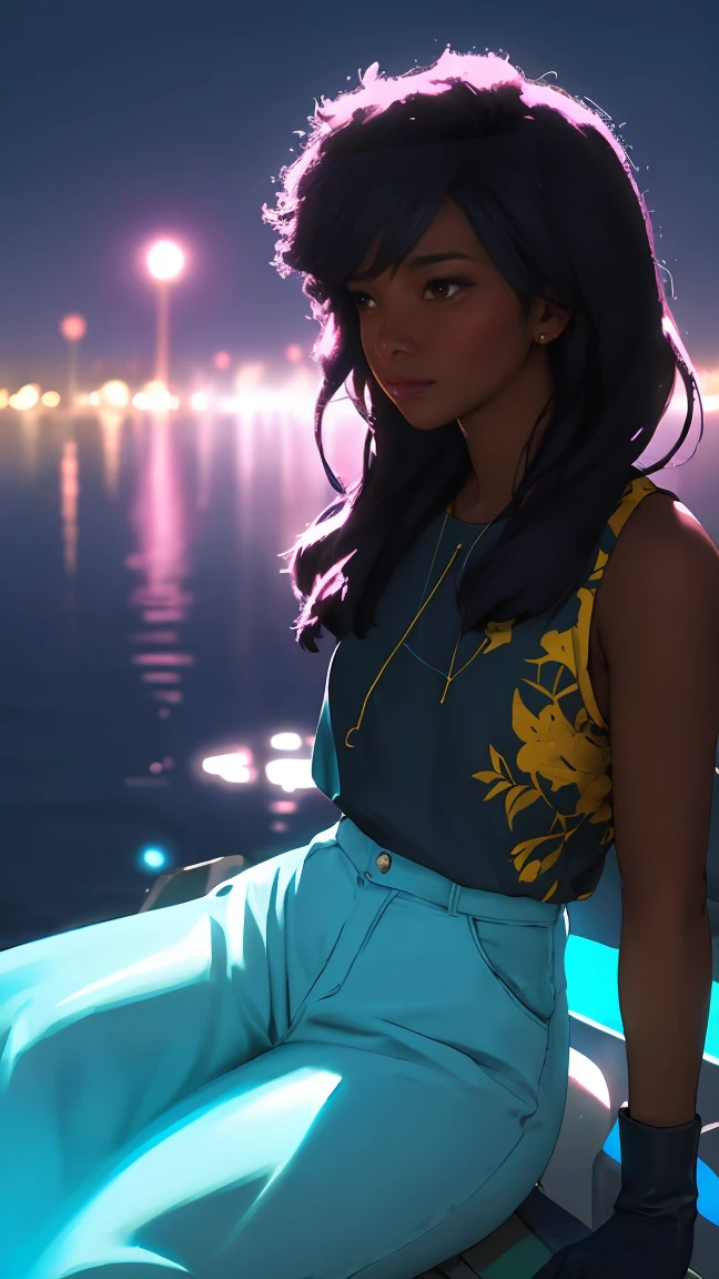 Pretty woman with dark skin sitting on a hillside,(((sitting by water))), soft should length hair, ebony nose and dark brown eyes, african american, wearing black gloves, she is calm in a playful scenery, blue lanterns floating in the water nearby, illuminating her hair, water has a blue florescent glow, clearly defined features, funkypop, cyberdelic, grunge, hyperrealistic black anime, lofi art, luminism, medium shot, attention to details, depth of field, chemiluminescence in her hair, soft background lens flare, flourescent light in her hair, character design, atey ghailan, basquiat, colorful_frequencies, electric colors, iridescent, dynamic pose, nouveau realisme, city background,