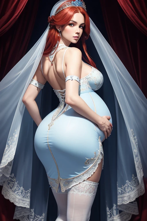 8k, masterpiece, very realistic, Full body (Sexy pregnant queen 1.2), very slim waist, slim thighs, elaborate detailed high contrast light blue dress, long straight flowing red hair, elaborate detailed patterned white stockings, medium breasts, pregnant, (curved back 1.2), silver tiara with light blue gems, from the back 