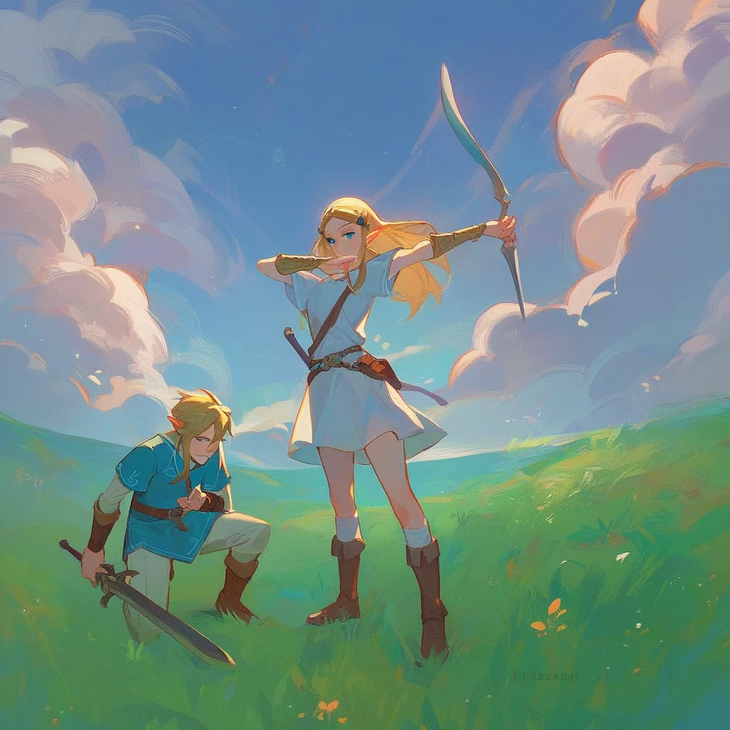 link blue outfit crouching, holding sword, zelda white dress standing, stretching bow, hyrule grass field, clouds