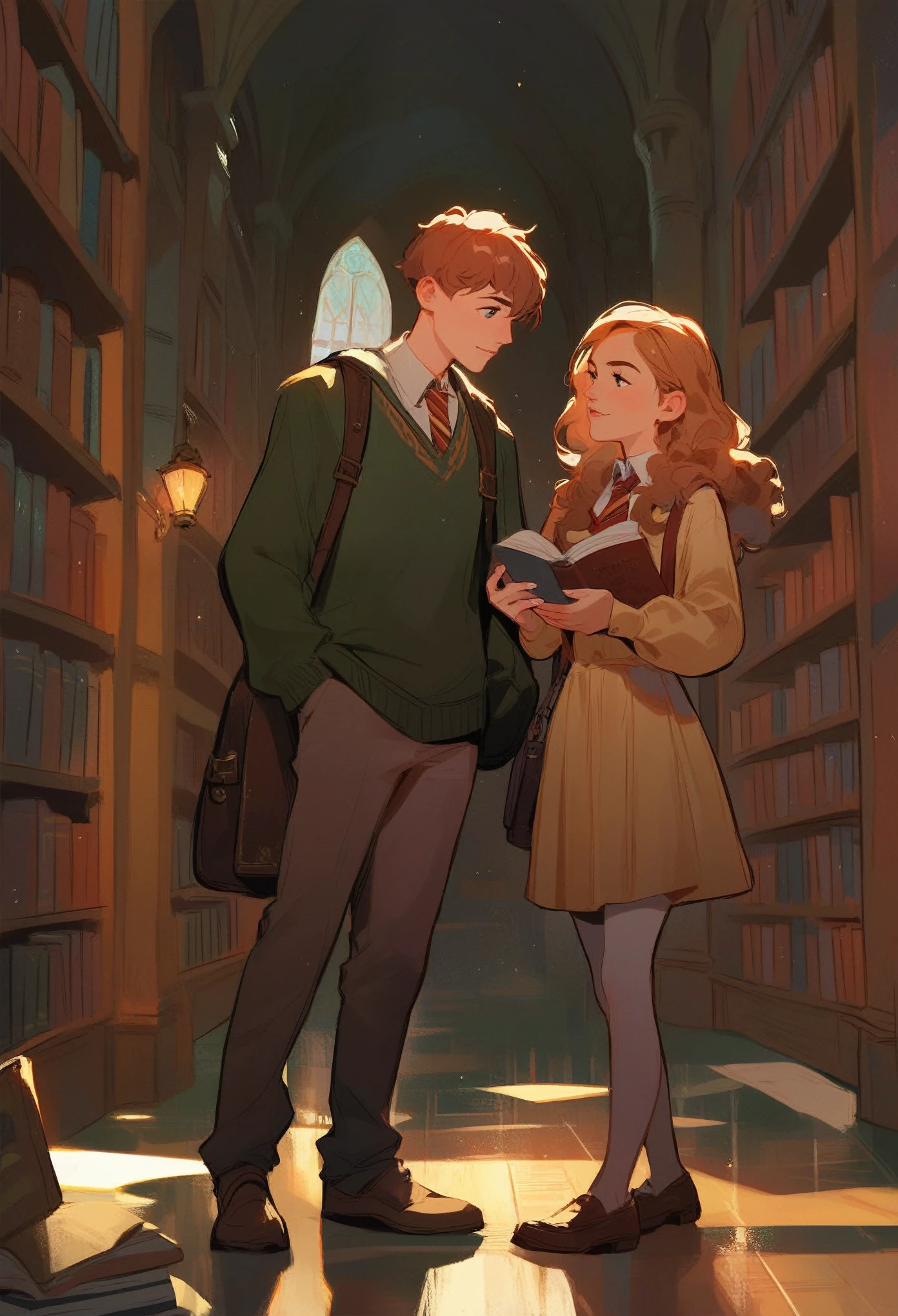 ron weasley and hermione granger, looking at each other, holding book, modern outfit, library hogwarts