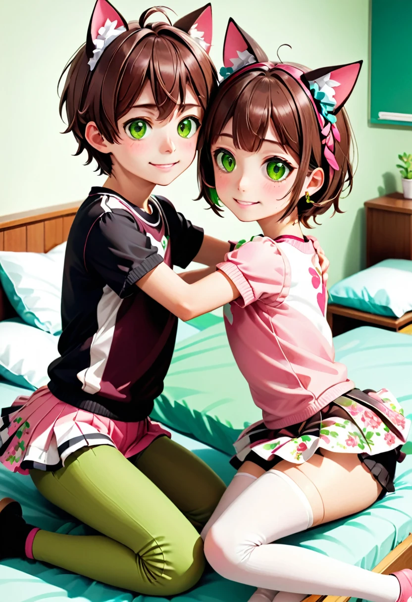 (1 man, 1 catgirl) (hetero, couple) (crossdressing, fully clothed) (brown hair, green eyes) (portrait) (women's clothes only) (women's beautifully feminine skintight lycra floral print frilly girly pink adorable ballet leotards:1.4) (white pantyhose, no shoes) (tiaras, pink shoulder-length silk gloves:1.3) (woman's bedroom, four-poster bed) (lying down, hugging, bending knee) (intimacy, playfulness, closeness)