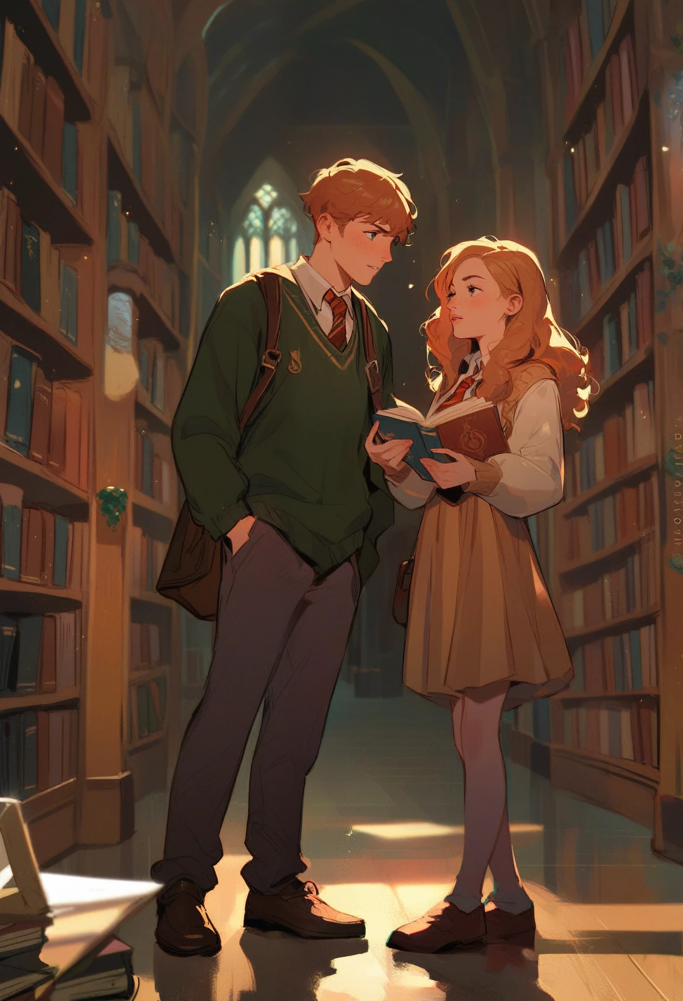 ron weasley and hermione granger, looking at each other, holding book, modern outfit, library hogwarts