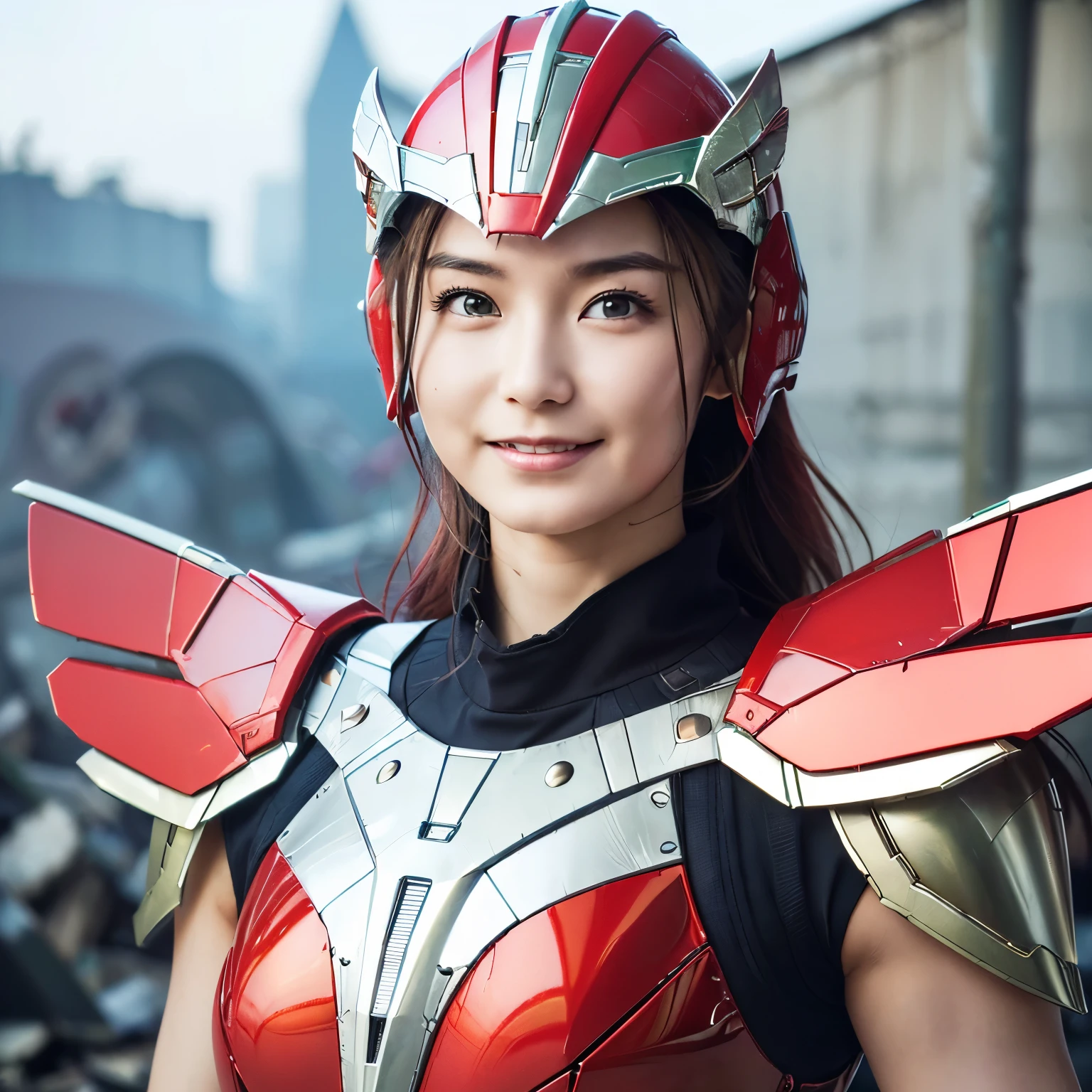 (Highest quality:1.2),(On the rubble of a collapsing city),(Ultra-high precision photo),(Perfect Beautiful Face 1.2, Cool look, Thick eyebrows, Strong-willed eyes, Invincible smile),(Perfect and beautiful posture:1.2),((Android female warrior)), (((muscle)),Clear Eyes,((red armor, winged helmet))