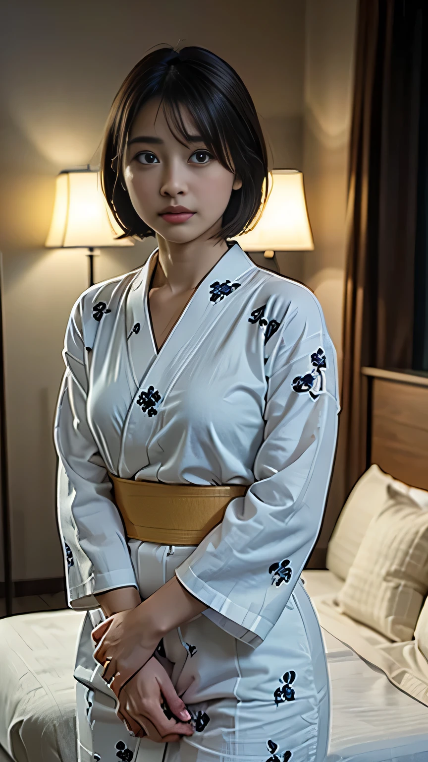 (Tabletop, Highest quality:1.4), Beautiful Face, 8k, 85mm, Absurd, (((Dark hotel bedroom:1.4)))、(White floral yukata:1.2), ((Cowboy Shot:1.4))、Delicate, alone, Short Bob Hair:1.7、night, View your viewers, Upper Body, Film Grain, chromatic aberration, Sharp focus, Face Light, Professional Lighting, Sophisticated, ((Confused expression:1.4)), (Simple Background, Bokeh Background:1.2), Detailed aspect