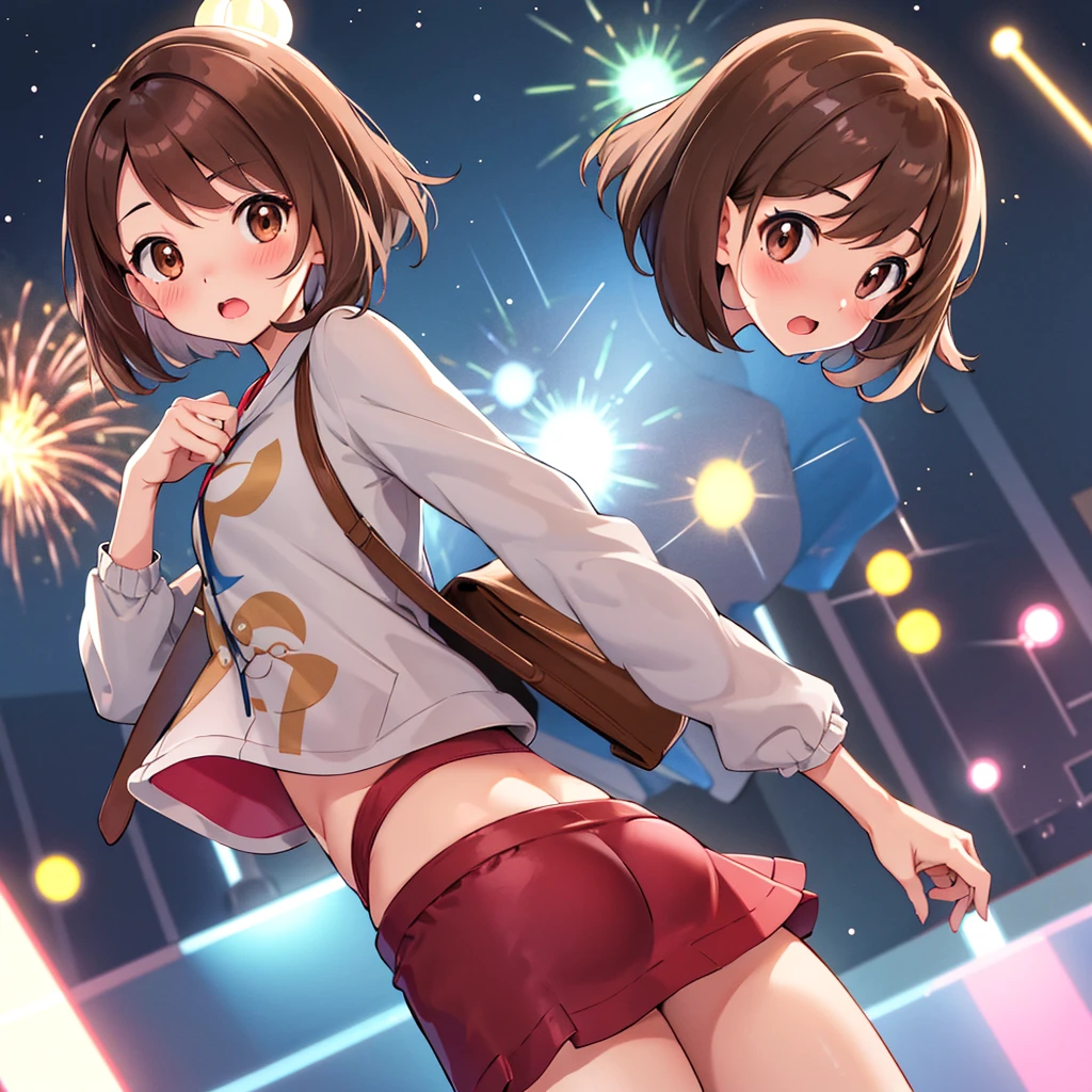 masterpiece, Highest quality, High resolution, Gua1, 1 , Gua\(Pokemon\), Brown Hair, , Brown eyes, , short hair, , Bobcut, bangs, , 　１.　１　Expressions of affection　blush　Open your mouth　blush　city　Jacket　shirt　mini skirt　Night Moon　firework　From below, surprised.underwear