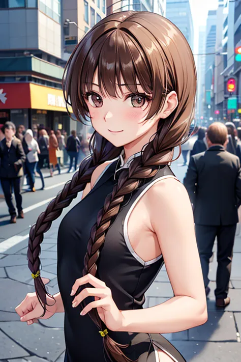 yuno shimazu、shiny brown hair,long hair,  、((2 braids:1.5、hair that falls over the shoulders)),beautiful brown eyes、sparkling ey...