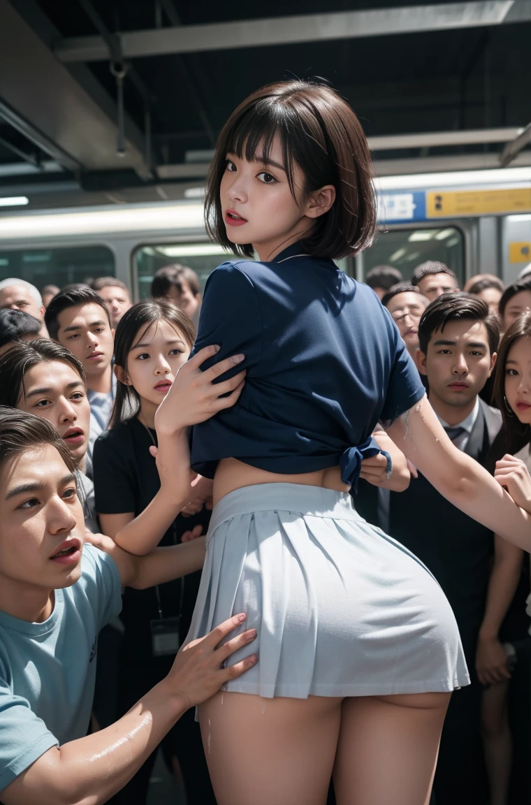 (molestation:1.8) japanese woman crying, very big breasts, oversized breasts, (white short sleeve shirt,darkblue neckribbon,pleated short skirt, darkbrown short length hair,bangs,ear:1.2),Chest grab, in the train, grab your butt, Multiple men around her grab her breasts, Chest grab, multiple hands, masterpiece, highest quality, very detailed, molestation, crowd of Business men, crowd surfing, very realistic face, very realistic eyes, crowd of men around her, the person who grabs her body, they squeezed her chest, molestation, masterpiece, highest quality, very detailed, 1 girl, multiple hands, Grab her ass with the crazy crowd, Chest grab, the men around her, squeezed her body, Many Business people grab girls chests, Be beaten, pulling on clothes, very wet and sweaty, grab clothes, (There are no women in the crowd:1.5), man with necktie